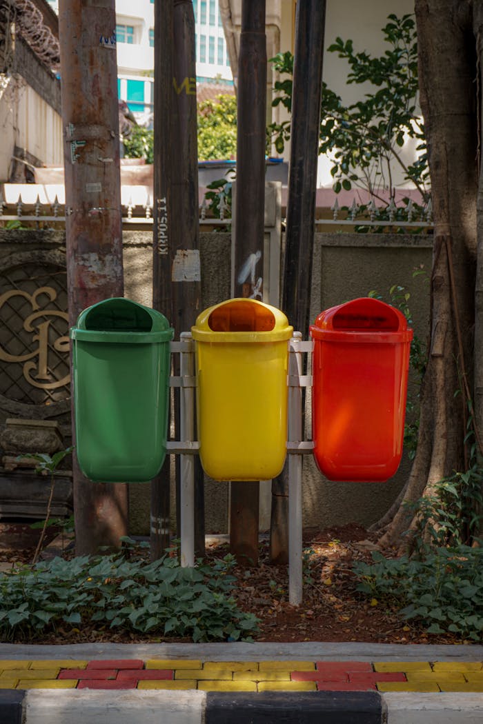 Brightly colored recycling bins promoting environmental awareness in a city setting.